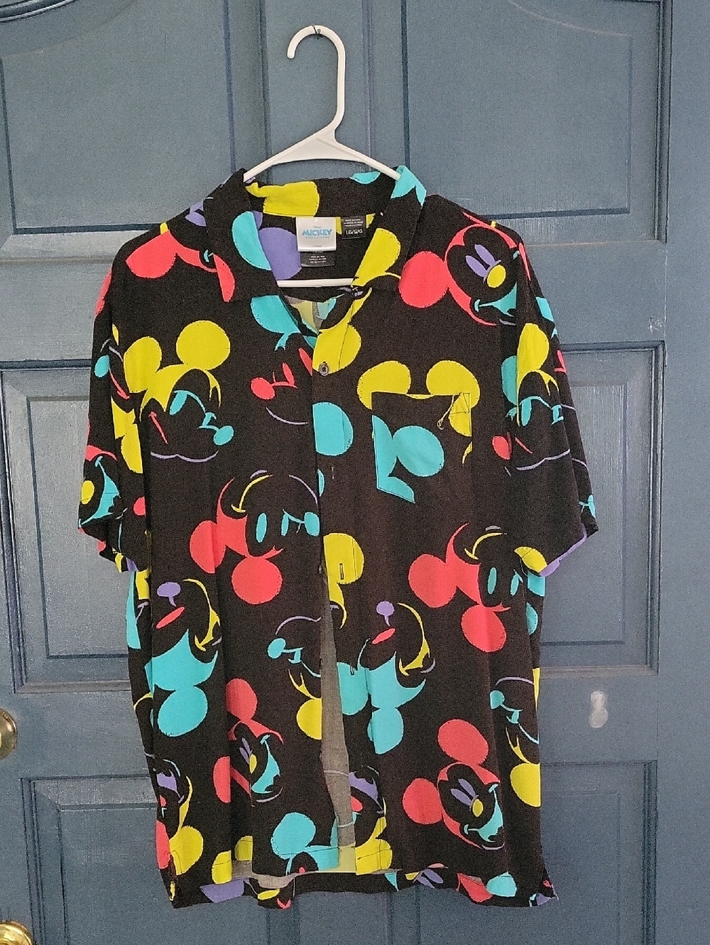Disney Black Short-Sleeve Shirt with Neon Red, Yellow, Teal, Purple Mickey Print